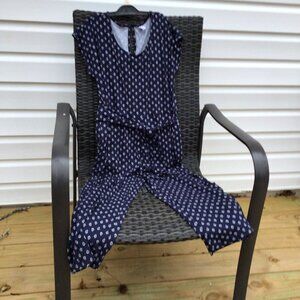 Old Navy Women Short Sleeve Diamond Print Jumpsuit Overalls Tie Belt Navy Sm